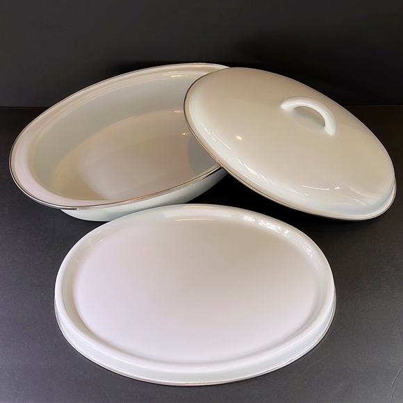 3 Piece Enamel Roasting Pan Table Protecting Base Plate Tureen Farmhouse Roaster - Picture 3 of 10